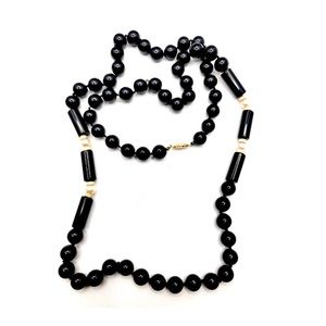Vintage Black Onyx Pearl 14K Gold 32” Opera Length Necklace